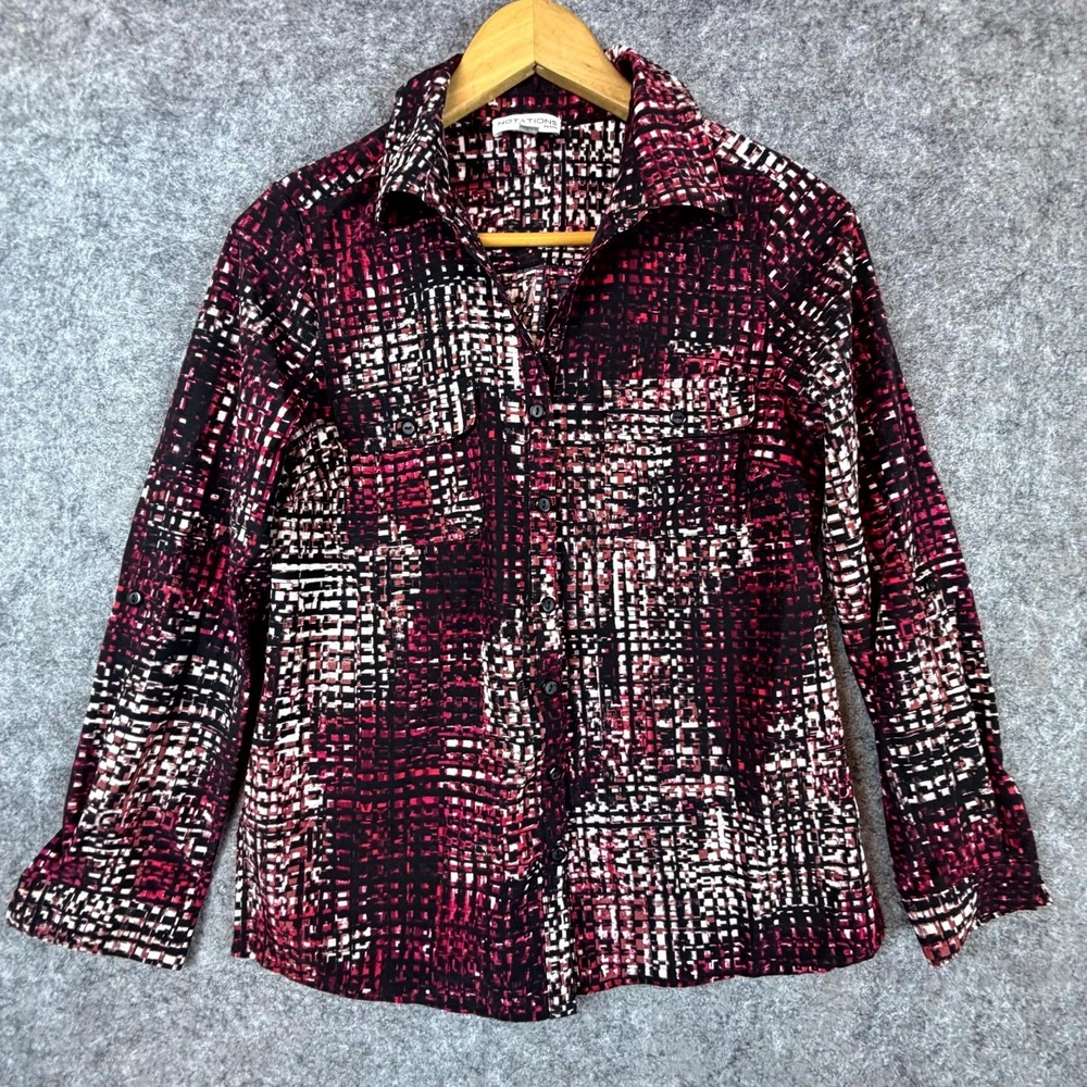 Notations Shirt Womens PS Red Abstract Stretch Roll Tab Sleeve Artsy Button Up